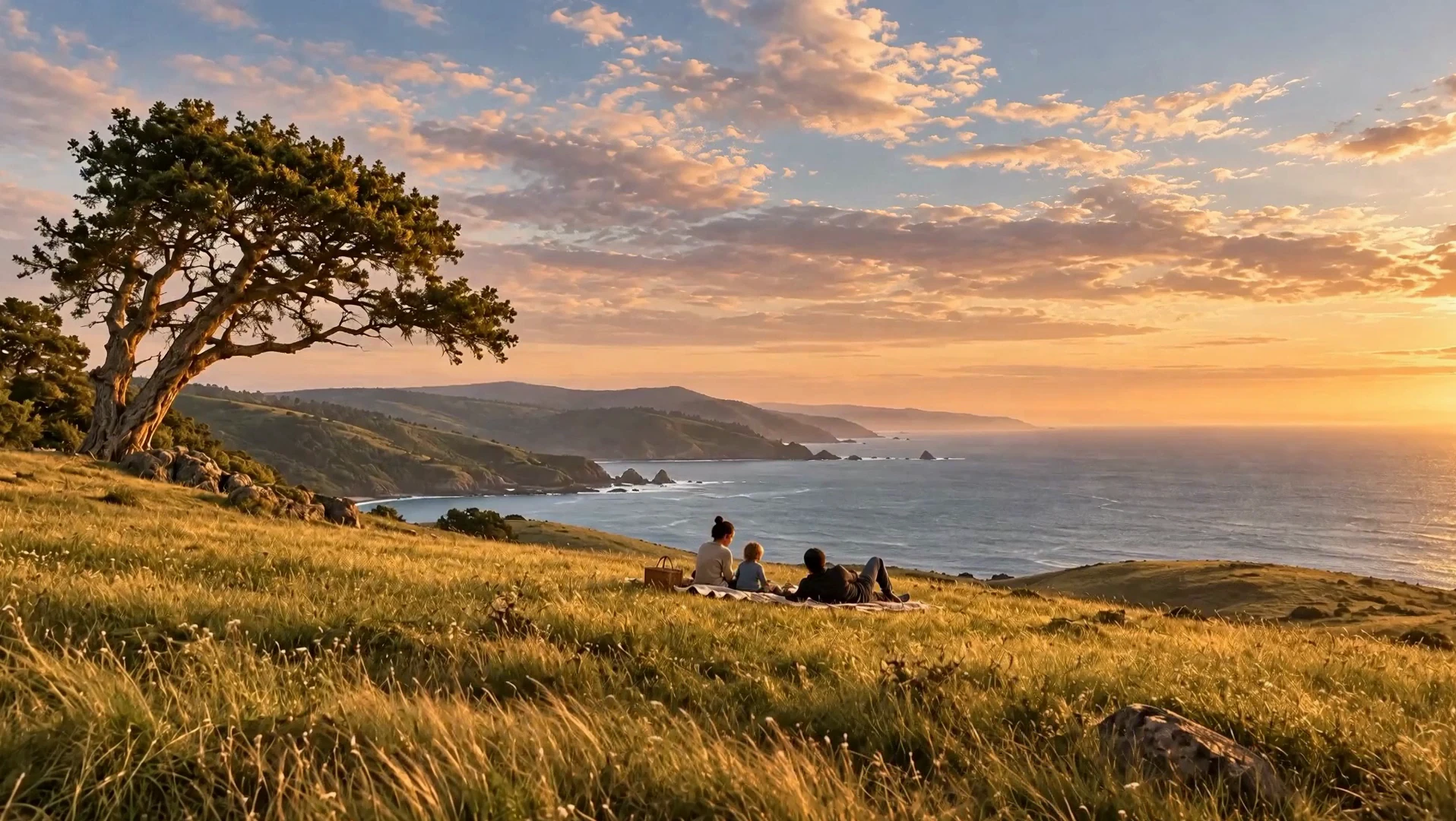 A small picnic in an open coastal meadow, with the sea beyond